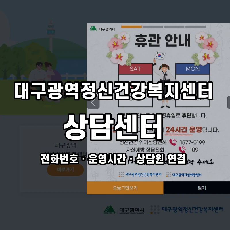 대구광역정신건강복지센터 상담센터 공식 홈페이지 화면