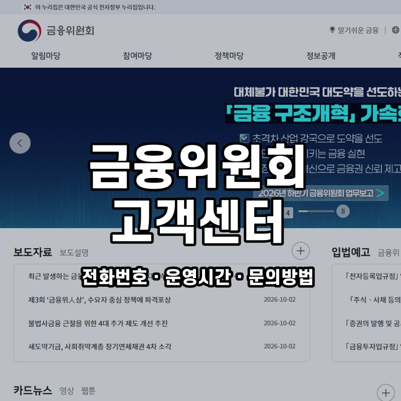 금융위원회 고객센터 공식 홈페이지 화면