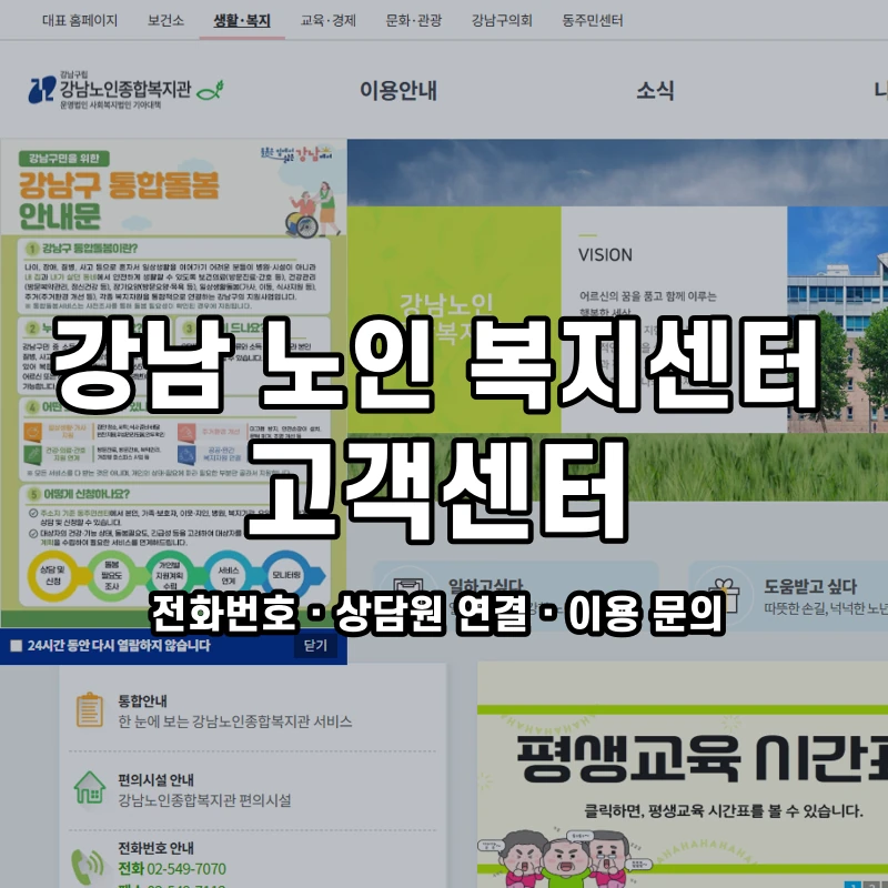 강남 노인 복지센터 고객센터 공식 홈페이지 화면