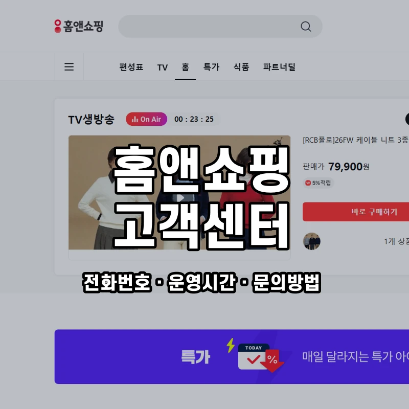 홈앤쇼핑 고객센터 공식 홈페이지 화면
