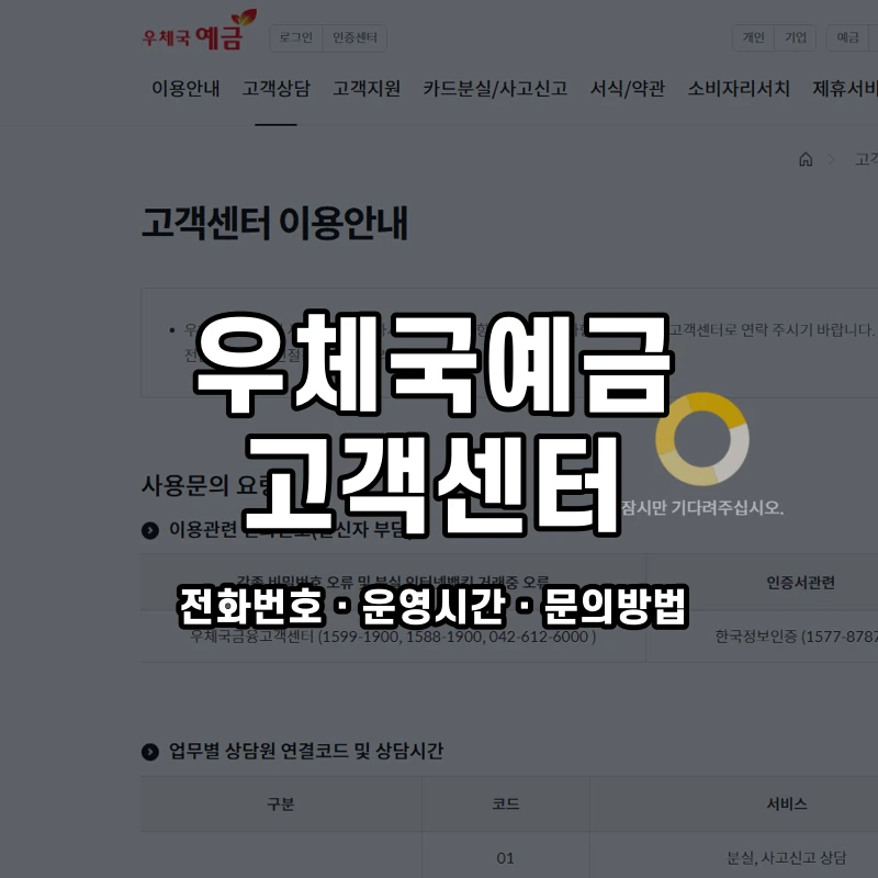 우체국예금 고객센터 공식 홈페이지 화면